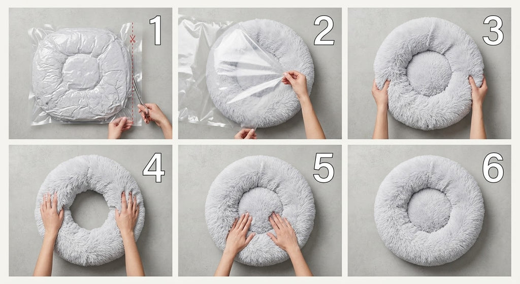 Les 6 étapes pour déballer et faire gonfler le lit donut en peluche