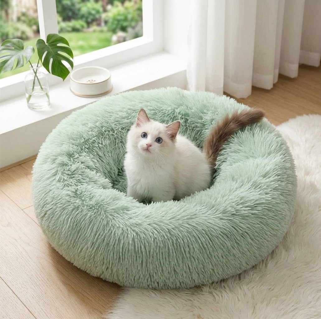 Chaton blanc assis dans un lit donut en peluche vert