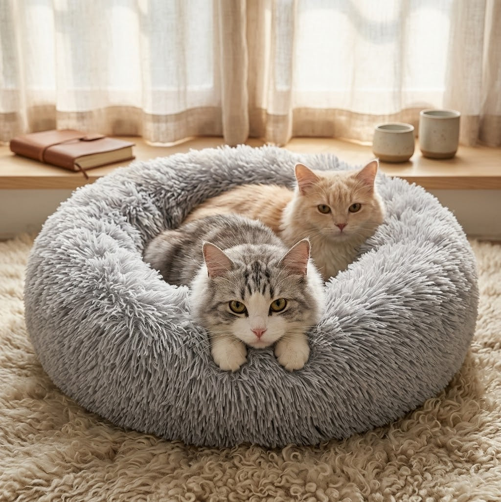 Deux chats blottis dans un lit donut en peluche gris clair