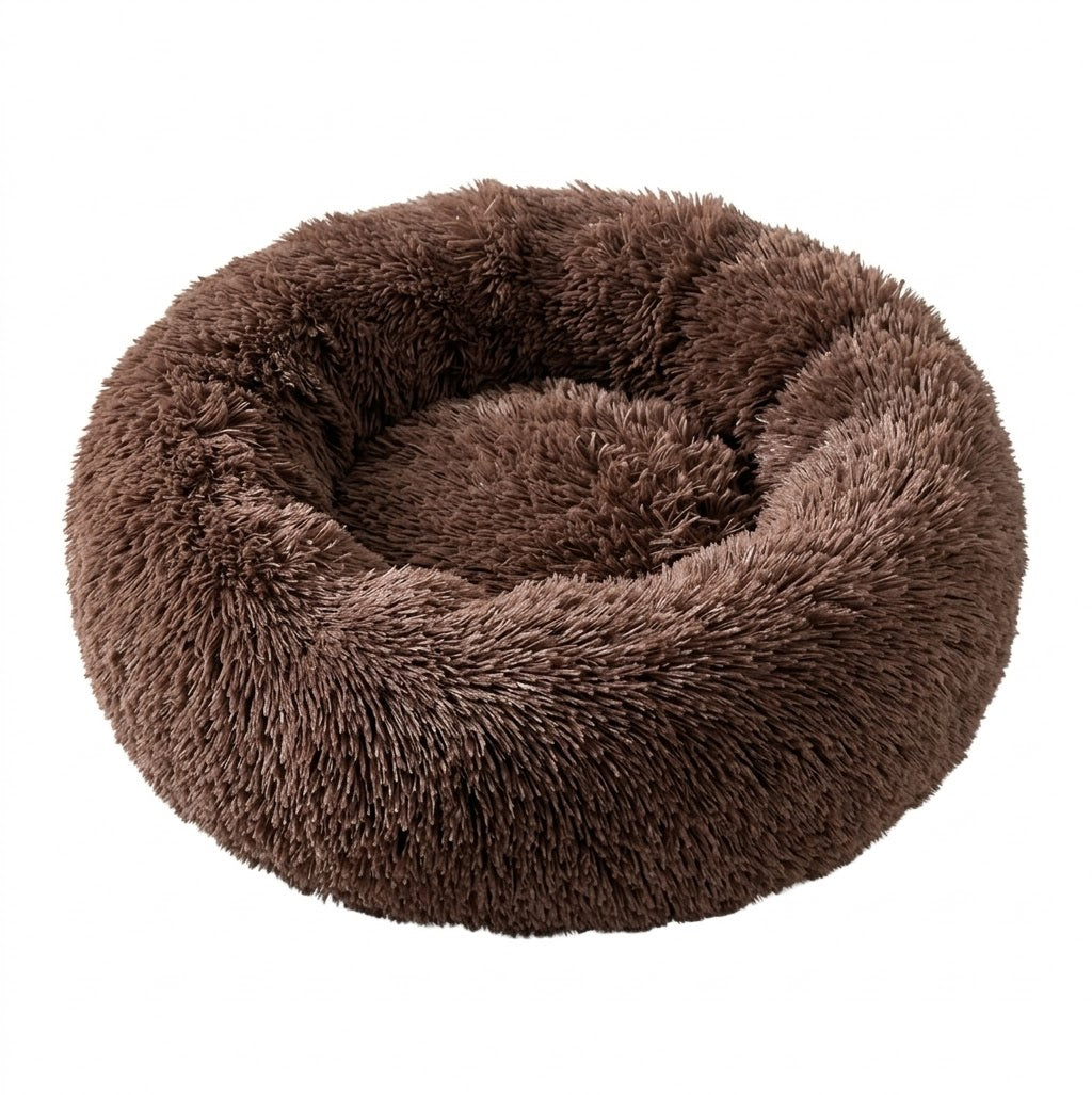 Lit donut en peluche marron, vue de dessus